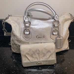 Coach white and silver bag with matching wallet